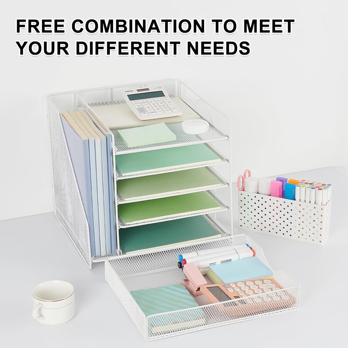 Desk Organizer with Drawer and Pen Holder, 5-Tier Paper Letter Tray Organizer with File Holder, Suitable for Workspace Organizer Office Supplies Storage (Black)