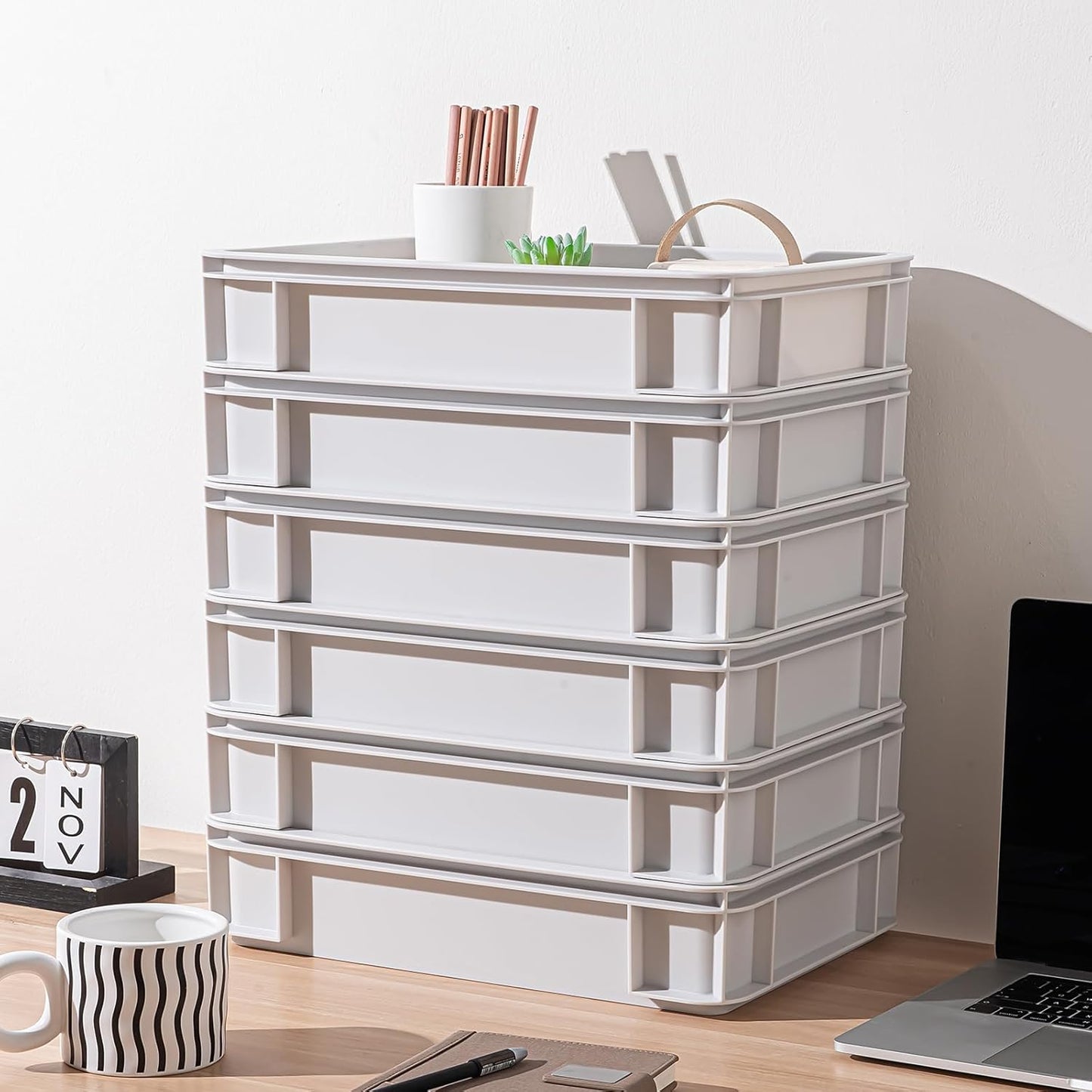 Stackable Organizer Boxes - Create Your Perfect Modular Desktop Storage System Office Desk Organizer Set15.8''*11''*3.26'' (Beige, 6Large)
