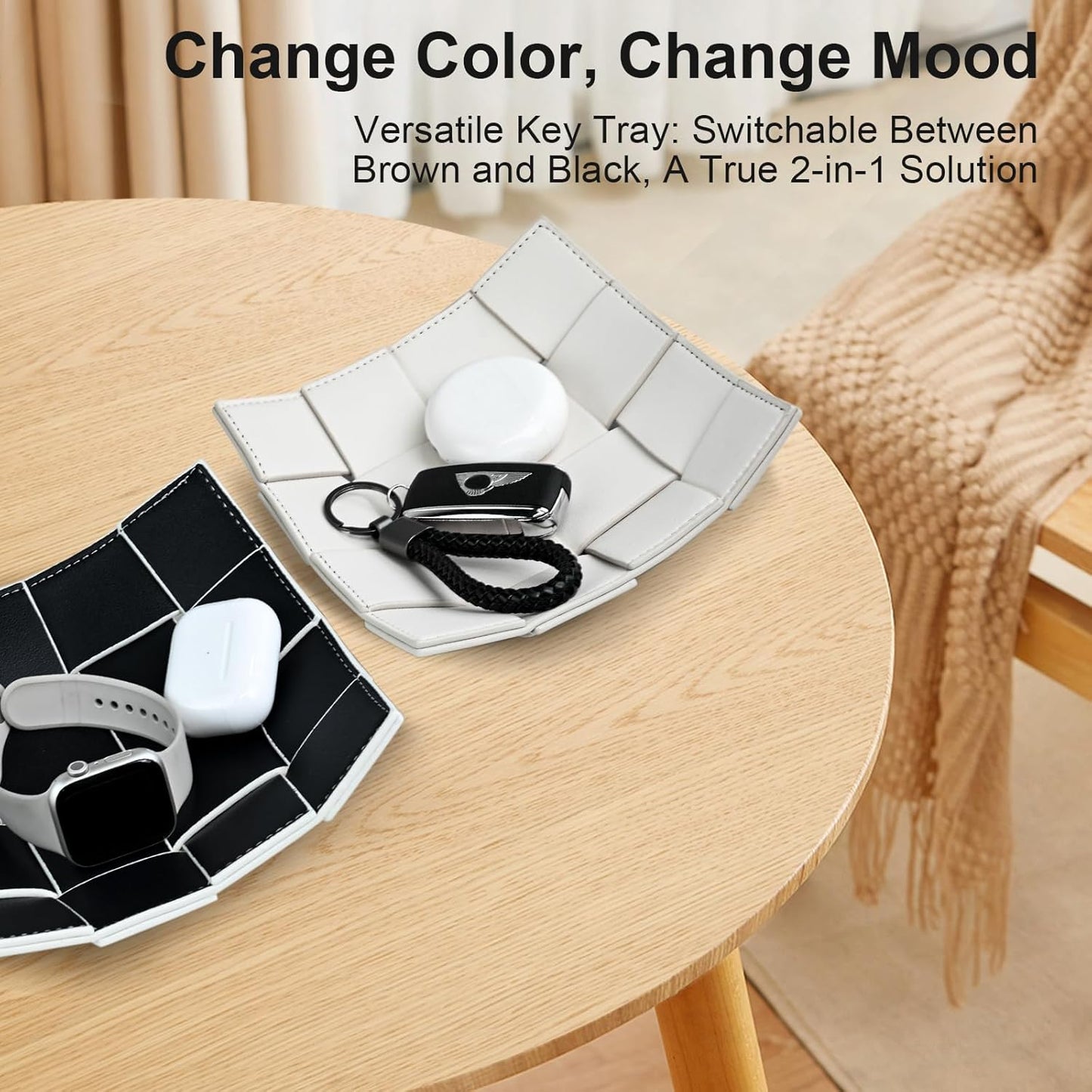 Valet Tray PU Leather Key Holder Bowl for Men Entryway Table Nightstand Desk Tray for Wallet, Keys Men's Gift - Brown & Black, 9.8" L x 9.8" W x 2" H