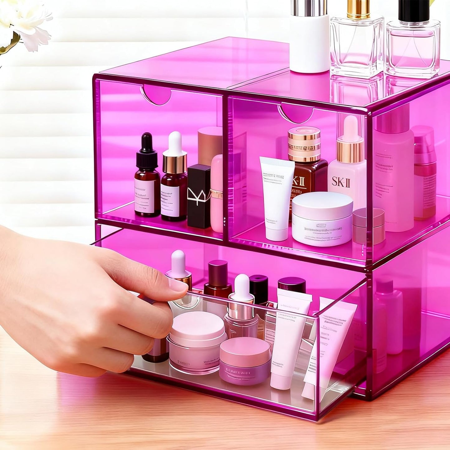 Gelite Desk Organizer with 3 Storage Drawers for Makeup Office Acrylic Desktop Drawer Organizer for Vanity Office Organization and Storage Box, Neon Pink