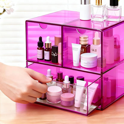 Gelite Desk Organizer with 3 Storage Drawers for Makeup Office Acrylic Desktop Drawer Organizer for Vanity Office Organization and Storage Box, Neon Pink