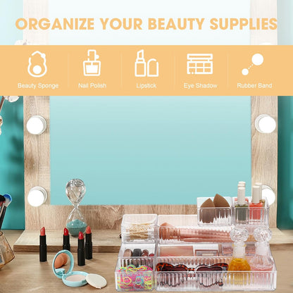 Teenyyou 18 Pcs Drawer Organizer Stackable 4 Size Makeup Drawer Organizer Trays Acrylic Bathroom Vanity Storage Bins for Cosmetic, Jewelries, Office Supply, Kitchen Utensils(Clear,Stripes)