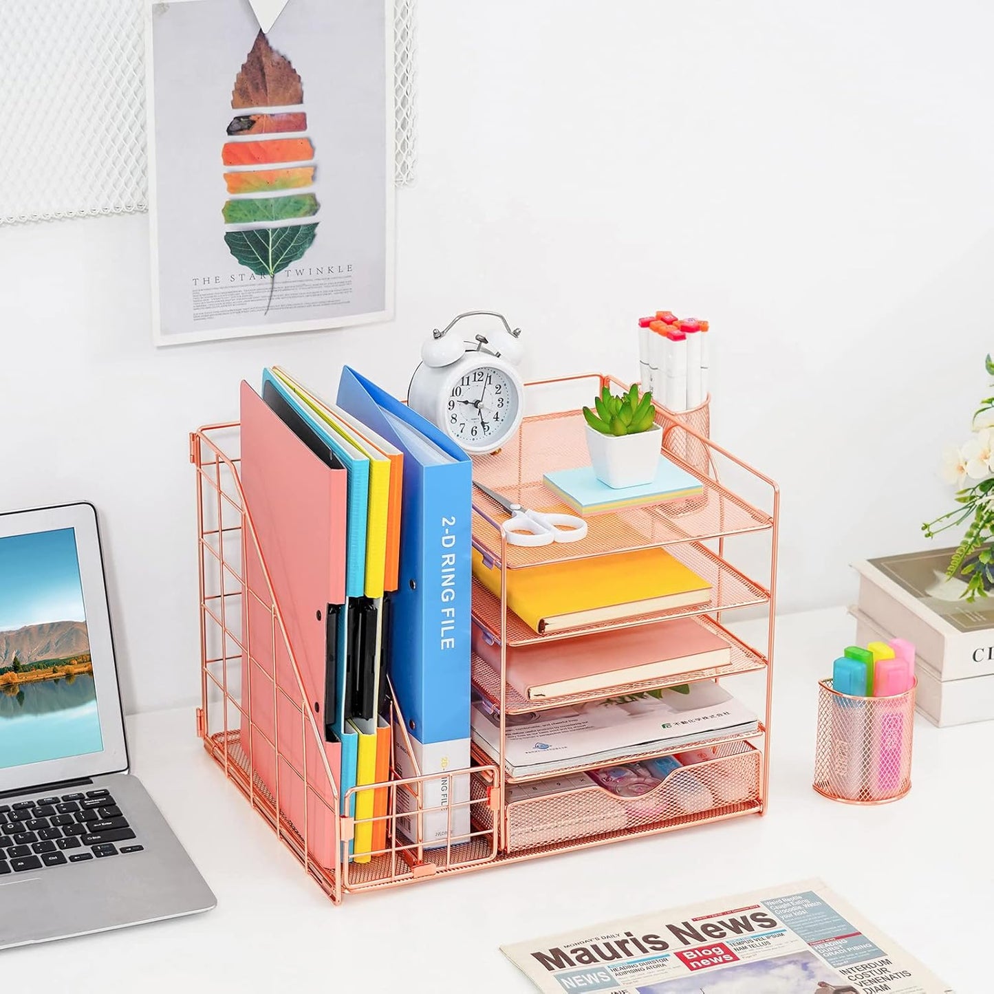 Marbrasse Desk Organizer with File Holder, 5-Tier Paper Letter Tray Organizer with Drawer and 2 Pen Holder, Mesh Desktop Organizer and Storage with Magazine Holder for Office Supplies(Black)