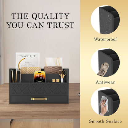 WISUCART Bamboo Desk Organizer Mail Holder Countertop Wood Desk Drawer Tabletop Storage Box Pen Holder Letter Sorter Makeup Organizer for School Home Office Supplies with Pen Holder White