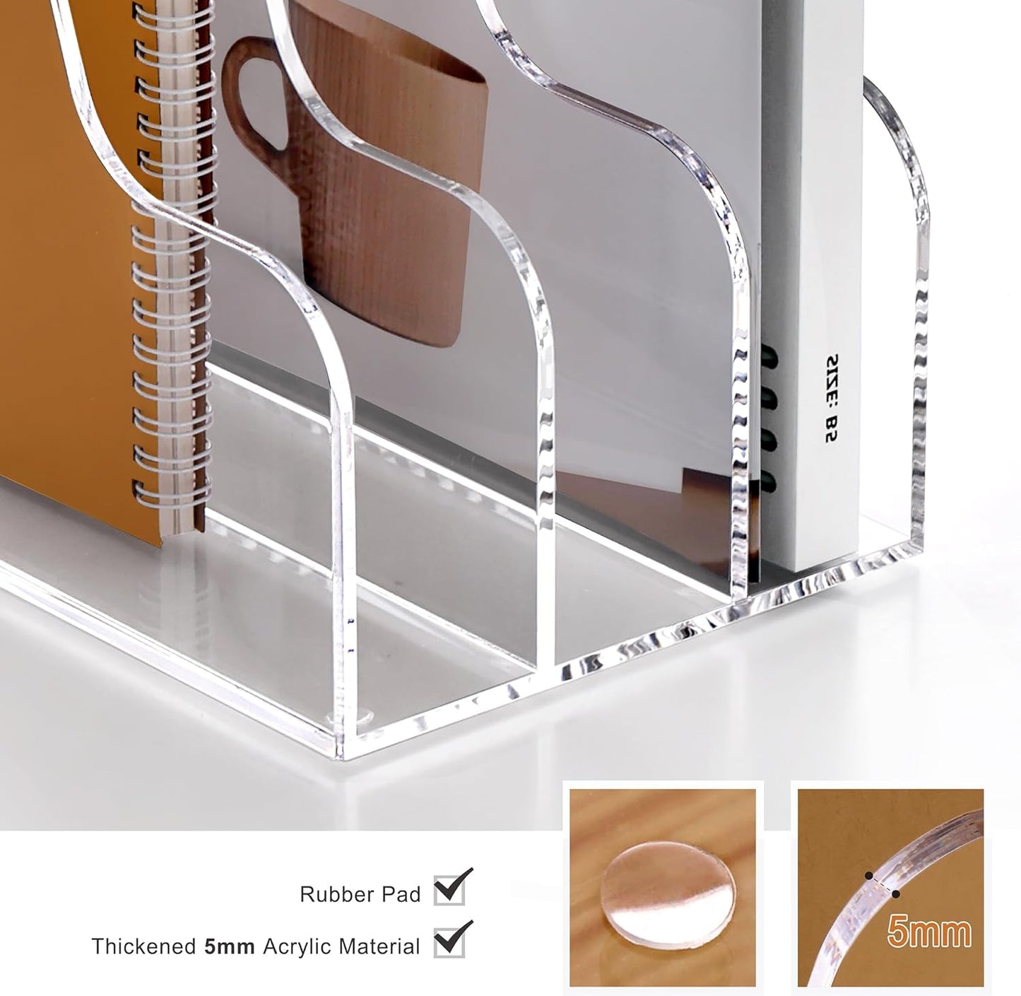 SANRUI Acrylic Magazine Holder Desk Organizer Workspace Sorters，Clear Bookend File Sorter Holder，Folder Rack, Office Accessories Organization Storage with 3 Vertical Compartments