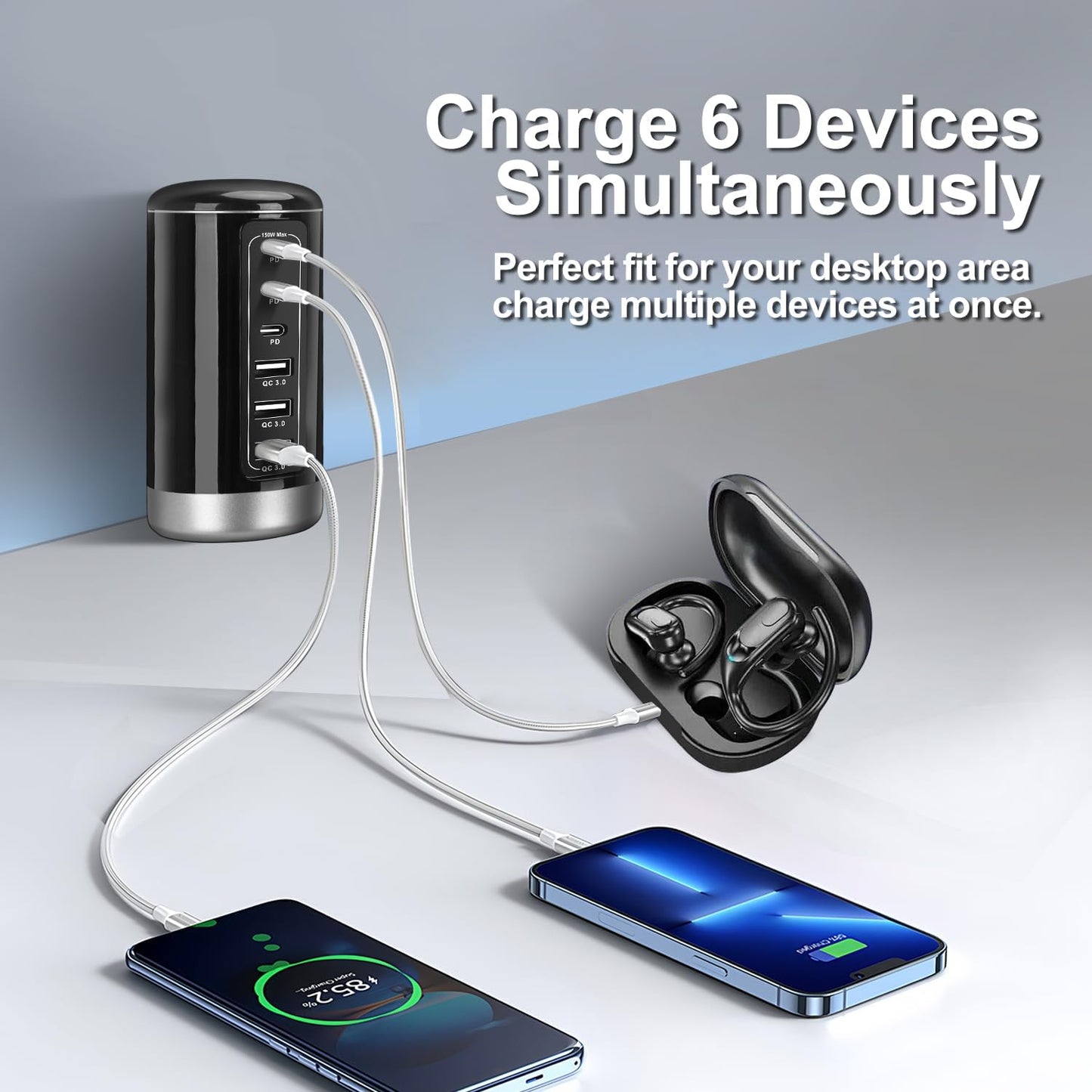 Universal USB Tower Fast Charging Station 6-Port 150W - Compact, Space-Saving Design with Multiple USB-C Ports for All Series iPhone Galaxy Note Pixel iPad Multiple Devices