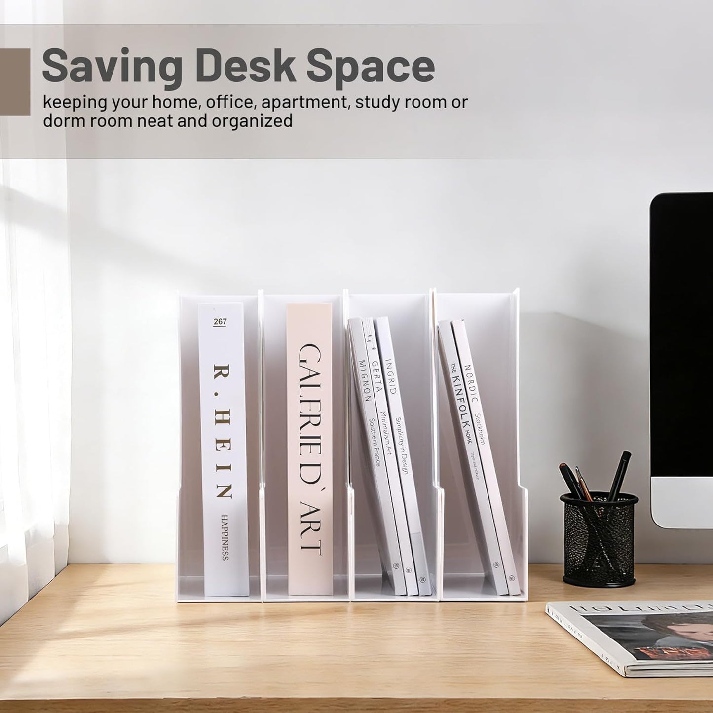 CiWiVOKi Vertical Magazine File Holder, Desk Organizer and Storage for Magazines, Binders, Notebooks, Envelopes, Multi-Purpose Desktop File Organizer for Home, Office & Classroom, 4 Pack, Black