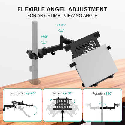 WALI Laptop Desk Mount for 17 inch Notebook, Adjustable Single Monitor Arm with Laptop Holder for 32 inch Screen, Laptops Stand with Ventilated Tray, Up to 22 lbs, (M00LP), Black