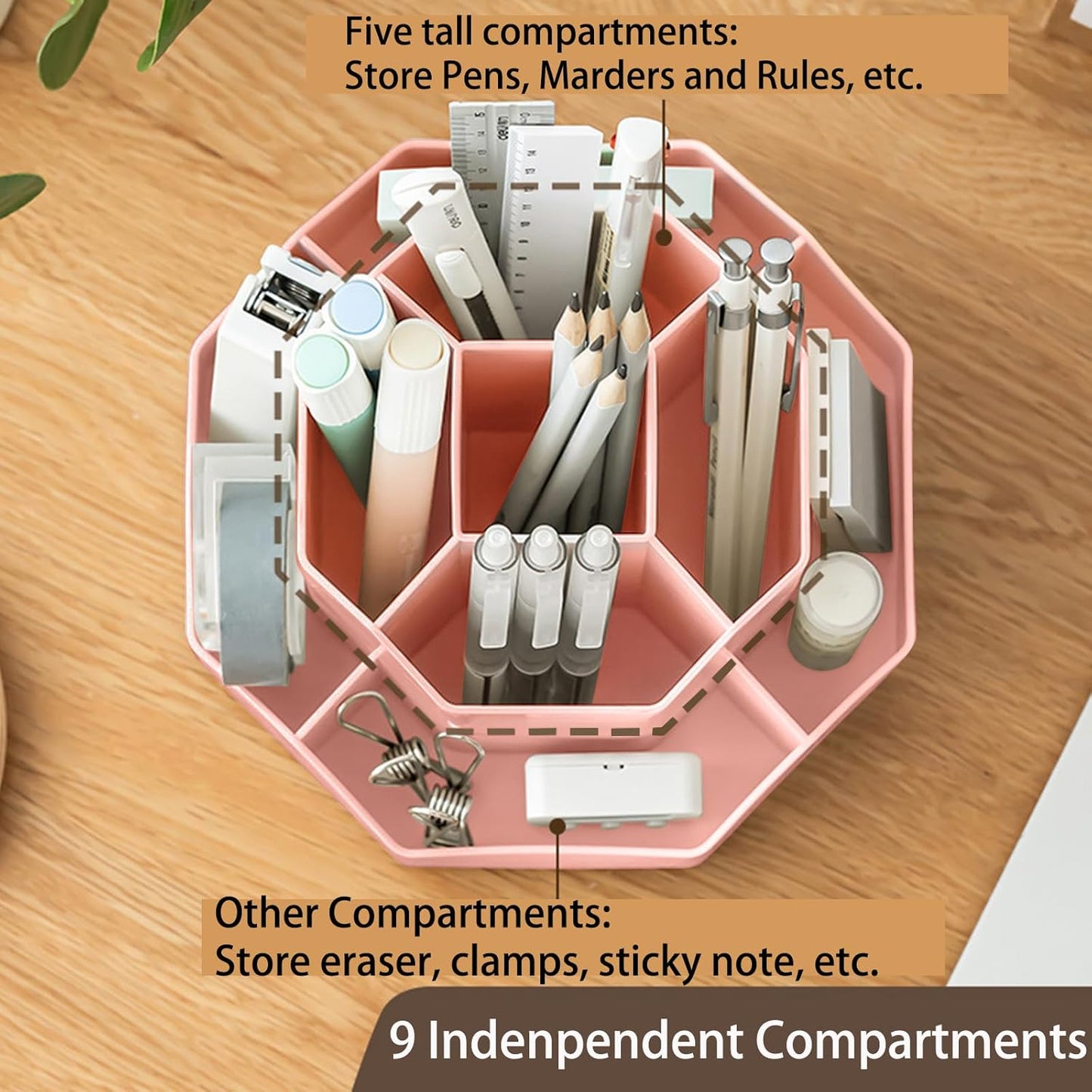 Pencil Pen Holder for Desk, 9 Slots 360 Degree Rotating Desk Organizer, Cute Pen Organizers Stationery Supplies for Office Home & Art Supply (Beige)