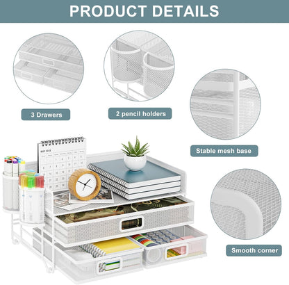 Marbrasse 3 Tier Mesh Desk Organizer with Drawer, Multi-Functional Desk Organizers and Accessories, Paper Letter Organizer with 2 Pen Holder for Home Office Supplies (Black)
