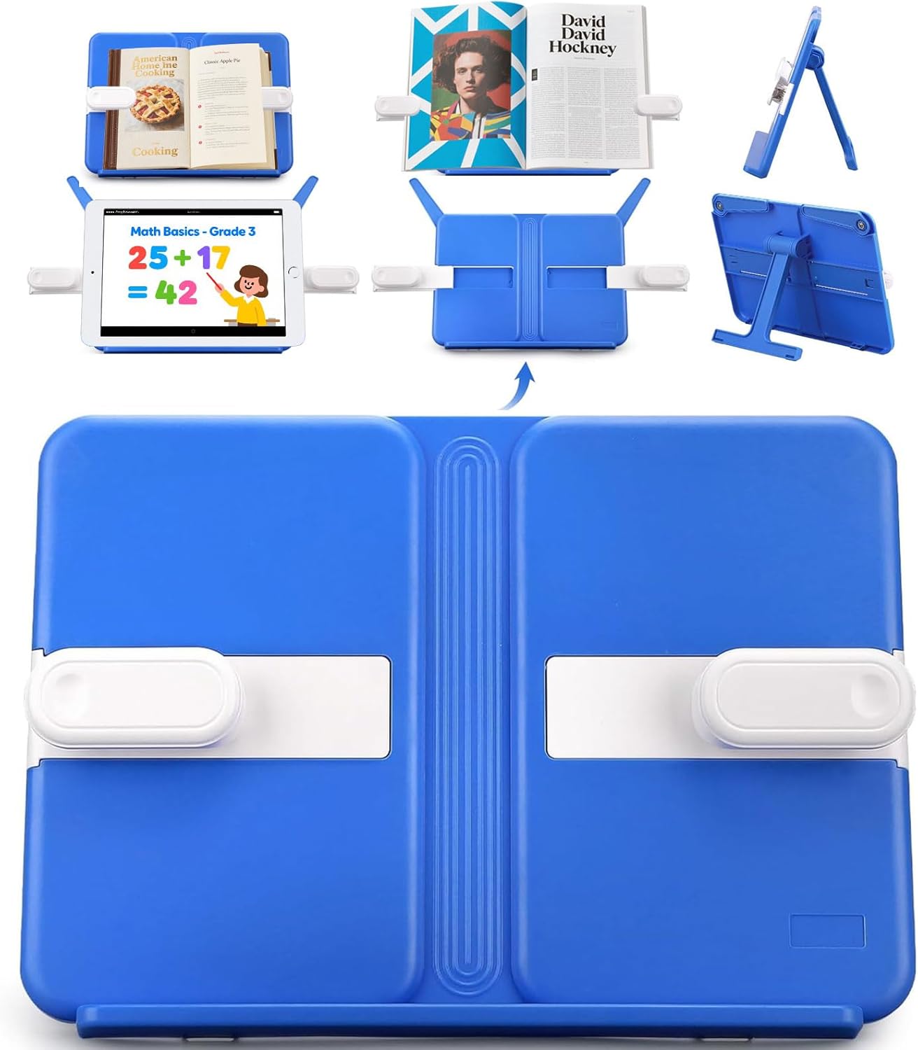 Book Holders for Reading Hands Free Desktop Cookbooks Stands Tray Portable Foldable Lightweight Bookstands Page Clips Rest for Music Score Cookbook Tablet Textbooks Ergonomic Reading Posture (Blue)