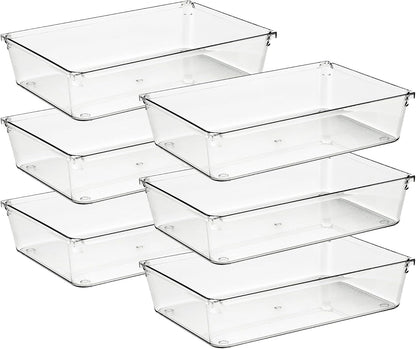 Ravinte 6 Pack Drawer Organizer - 6" X 9" Plastic Storage Bins, Acrylic Organizers with Non-Slip Pads Clear Desk Storage Tray for Makeup, Jewelries, Kitchen Utensils, Bathroom and Office
