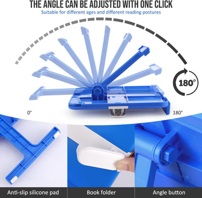 Book Holders for Reading Hands Free Desktop Cookbooks Stands Tray Portable Foldable Lightweight Bookstands Page Clips Rest for Music Score Cookbook Tablet Textbooks Ergonomic Reading Posture (Blue)