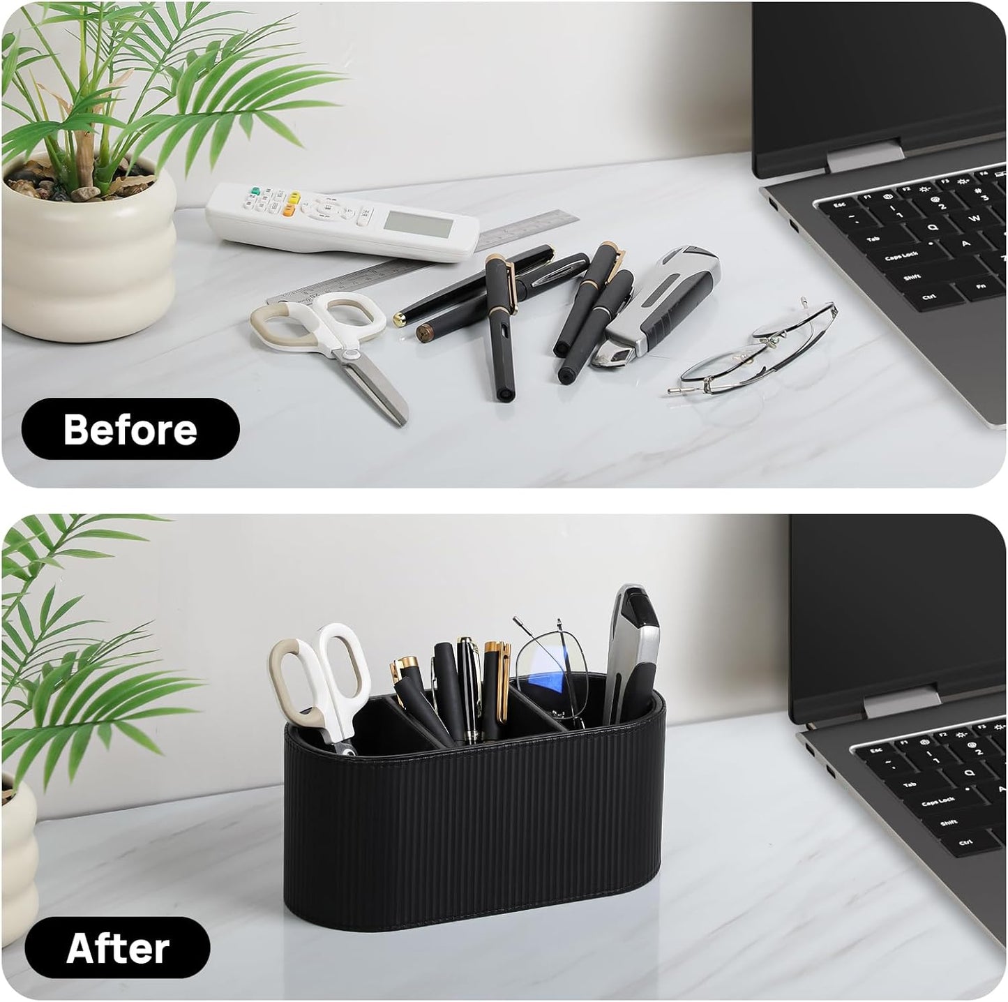 Aesthetic Remote Control Holder, PU Leather Pen Holder for Desk with 3 Compartments for Home Office Supplies and Accessories, Stylish Bedside Remote Holder Nightstand Desktop Organizer (Beige)