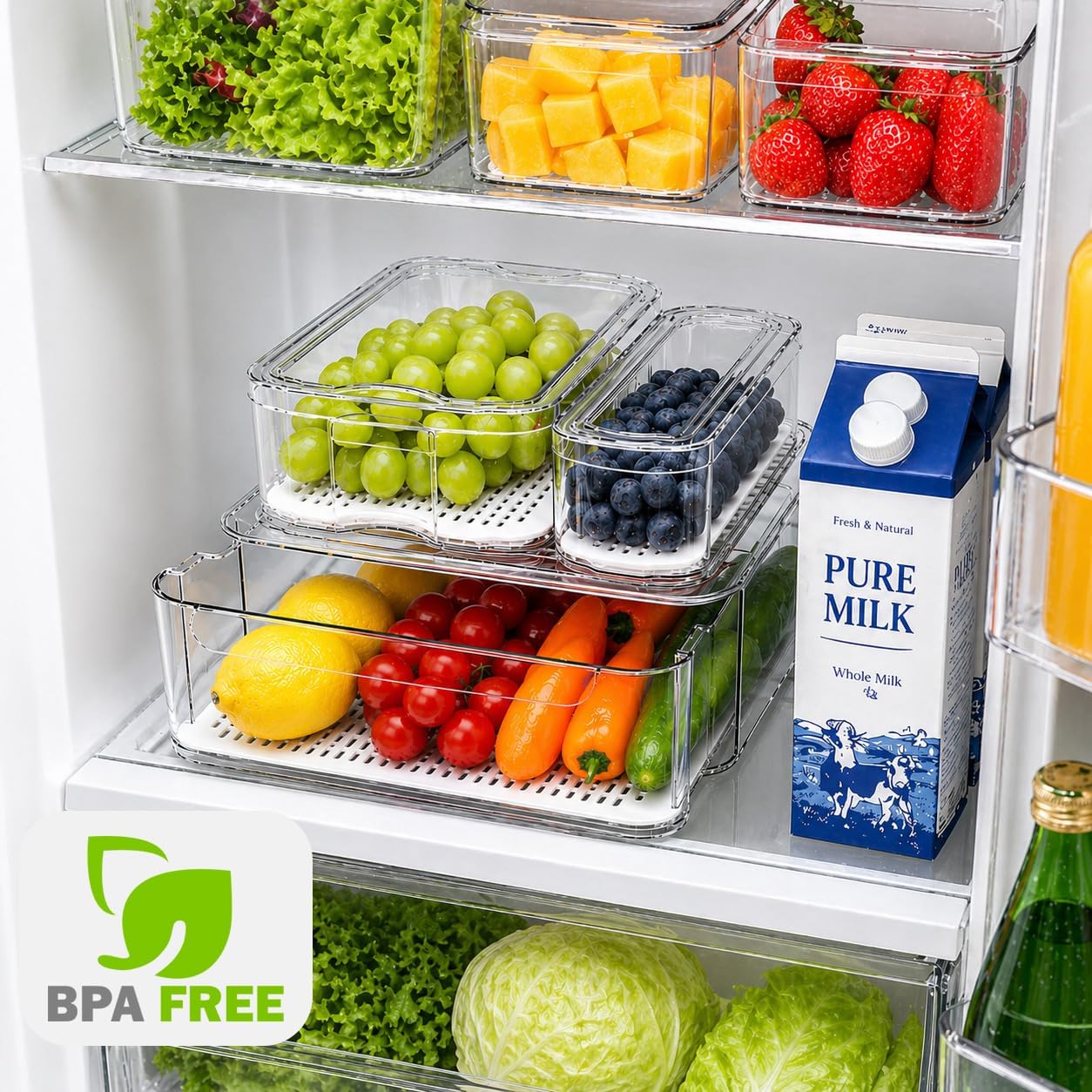 SMRCAD 8 Pack Refrigerator Organizers, Clear Pull-out Drawer Container and Organizer Bins with Lids, Stackable Storage Containers for Fruits, Vegetable (Set of 8 (Include Pull Out Drawer))
