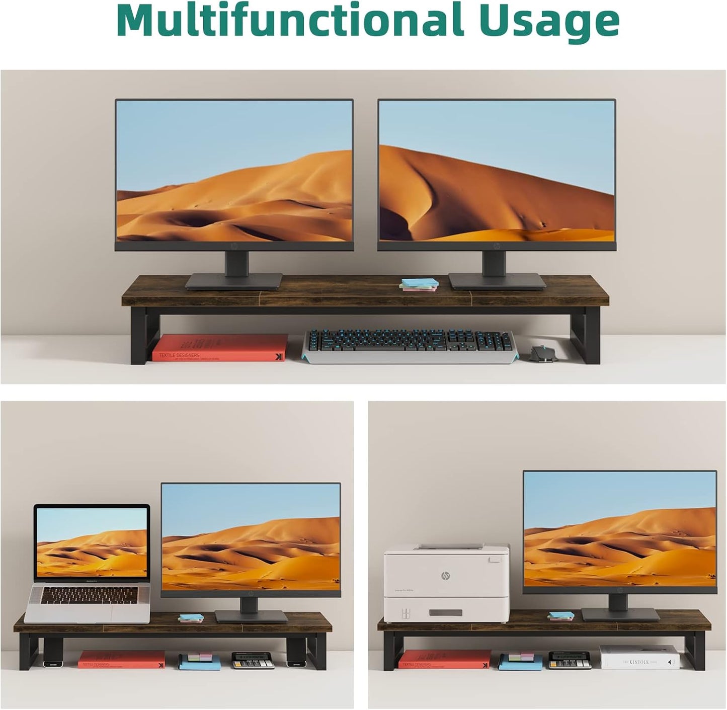 YAOHUOO Dual Monitor Stand Riser, 39Inch Large Monitor Stands for 2 Monitors, Computer Monitor Stand, Wooden Desktop Oraganizer Shelf for Office Desk Computer,Laptop,TV