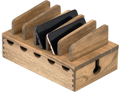 KIRIGEN Wood Charging Station Rack Organizer for Multiple Devices Desktop Organizer with 5 Ports for Cell Phones, Tablets, Earphones Wooden Cable Management DDXH-NA
