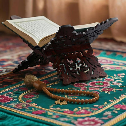 Quran Stand Prayer Book Holder Stand 13.8 x 8.3 x 7.1 Inch Wooden Ornate Carved Indian Books Holders Decorative Bible Missal Stands for Ramadan Rihal Rehal Quran Bible Gita Display
