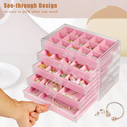 GUOER 5 Drawers Clear Jewelry Box for Women and Girls, Acrylic Earring Holder Organizer Ring Holder Display Storage, Mother's Day Warm White