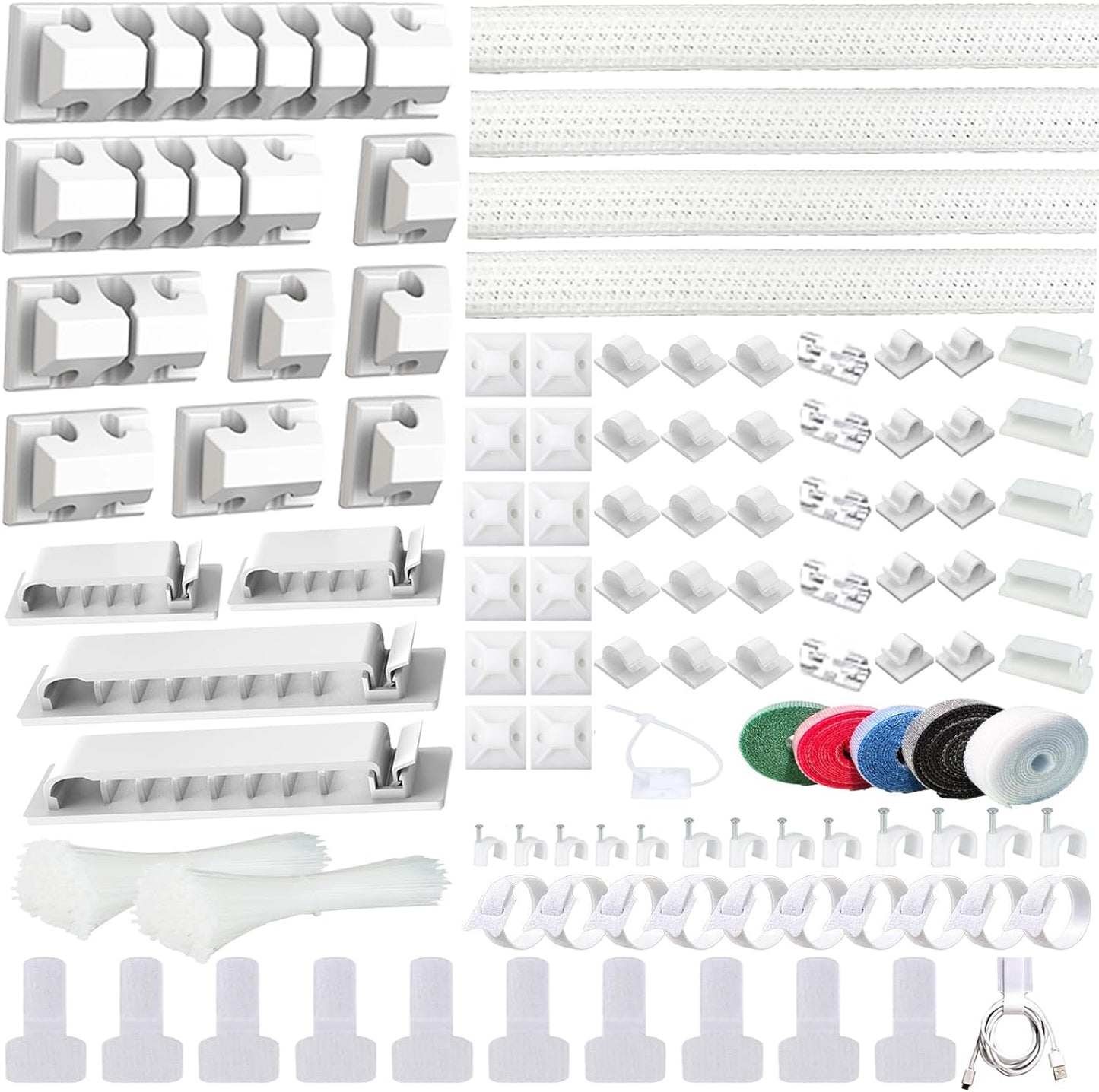 ELII 327 PCS Cable Management Kit 4 Cable Cable Sleeves,65 Cable Clips with 13Cord Holders,25 Roll Cable Organizer Straps,200 Fastening Cable Ties,20 Cable Zip Tie Mounts for Computer (Black)