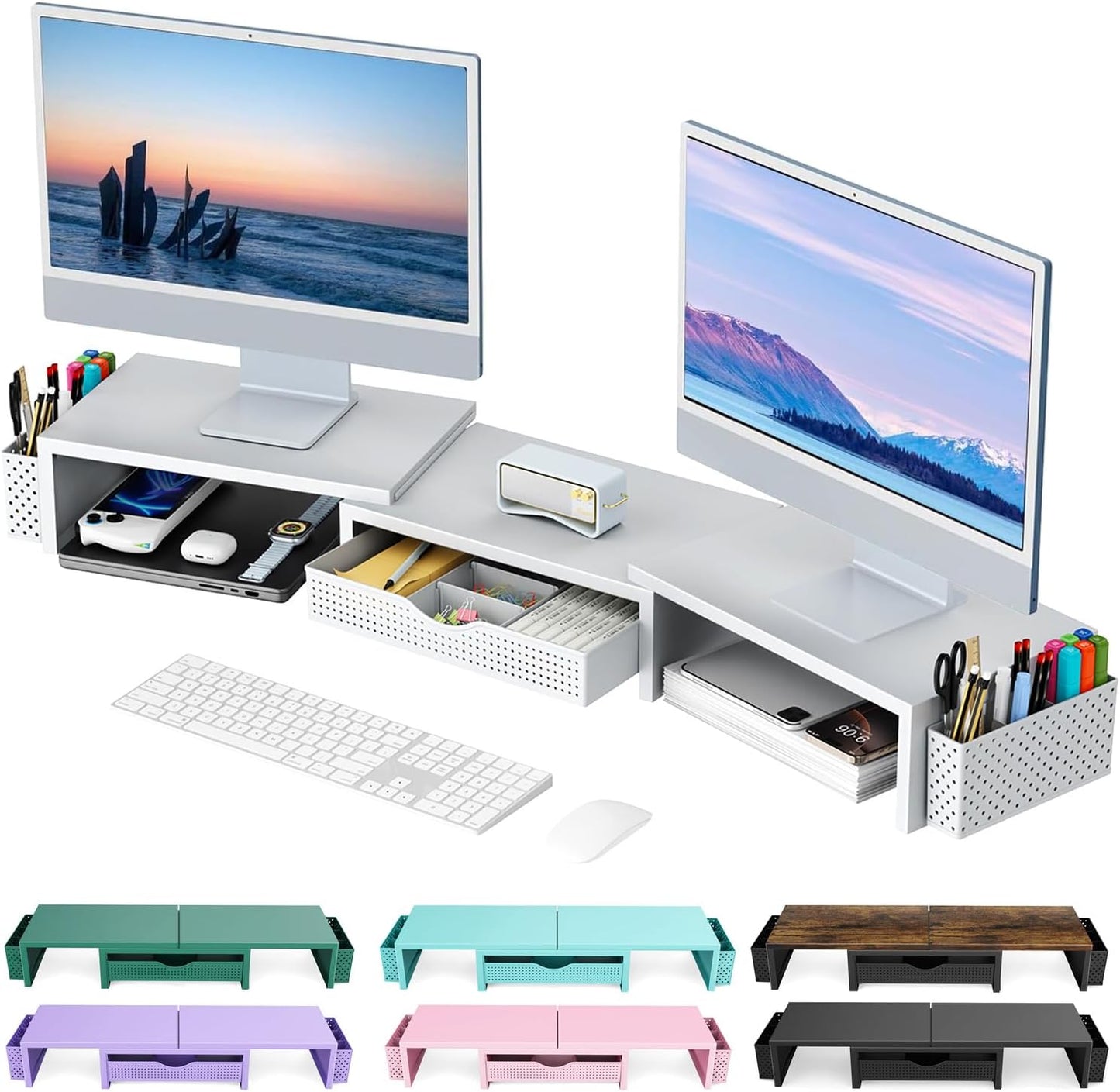 gianotter Dual Monitor Stand Riser, Desk Organizer With Drawer and 2 Pen Holders, Computer Monitor Stand, Shelf for Top of Desk, Black