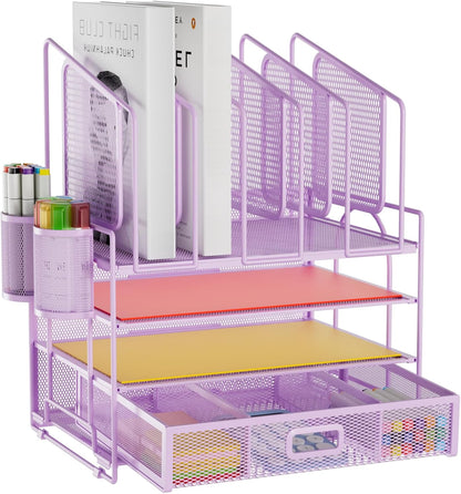 Marbrasse Desk Organizer with Drawer, 4-Tier Mesh File Organizer with 5 Vertical File Holders and 2 Pen Holders, Multifunction Desktop Organizer,Desk Organizers and Accessories for Home Office