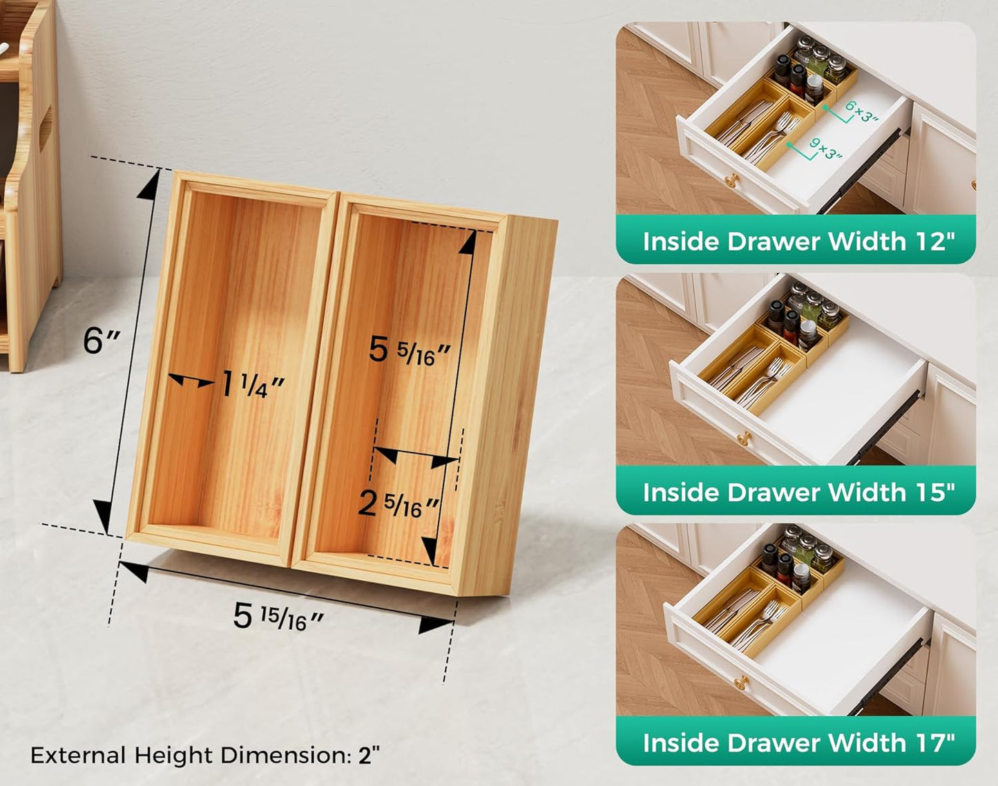 Bamboo Kitchen Drawer Organizer Set of 2, Stackable 15" x 6" Wood Silverware Utensil Tray for Drawers Bins, Cutlery & Flatware Storage – Wooden Boxes Organizers for Junk Drawer, Bathroom, RV