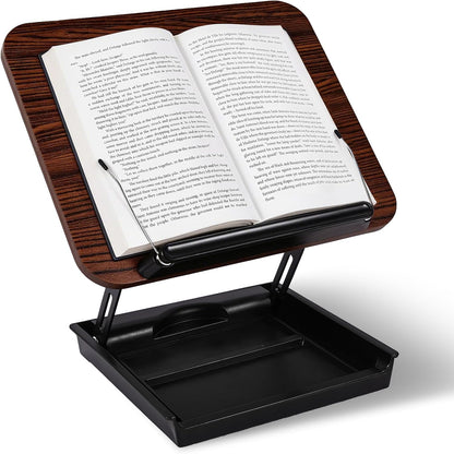 Wooden Book Stand for Reading with Storage Box Non-Slip Base, Adjustable Height & Angle, Foldable Desktop Riser with Page Clip, Hands Free Book Holder for Kitchen Counter, Cookbook, Recipe, Laptop