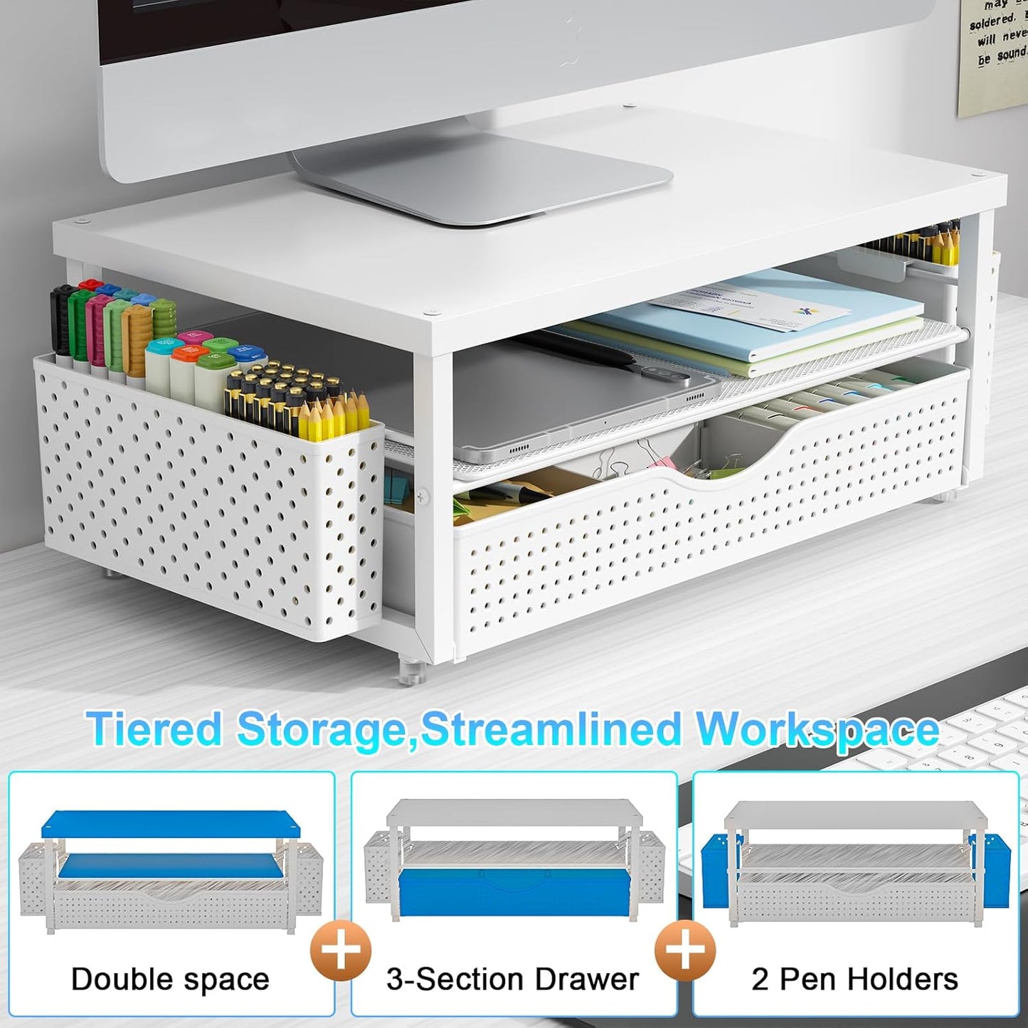 gianotter Wood Monitor Stand Riser, Office Desk Shelf Organizer, Desk Organizer with Drawer and Pen Holder, 2-Tier Computer Stand, Office Organization (Ink)