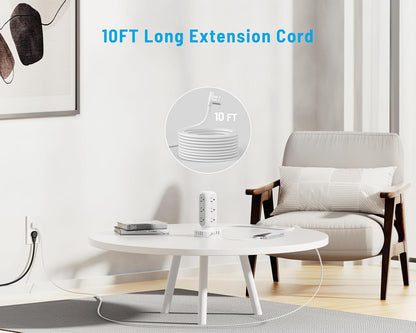Flat Plug Power Strip Tower 10FT, 40W Total Fast Charging Station, Dual PD 20W USB-C Surge Protector with 12 AC Outlets and 8 USB Ports (4 USB C), Long Extension Cord for Home Office Dorm Room