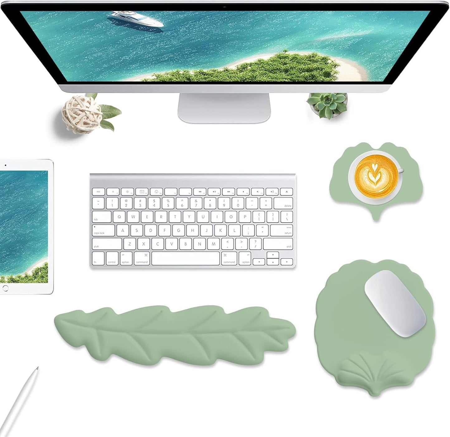 Keyboard Wrist Rest and Mouse Pad with Wrist Support Set, Ergonomic Leaf Shape Mouse Pad with Non-Slip Base, Pain Relief Memory Foam Mousepad for Computer,Laptop,Home Office, Green
