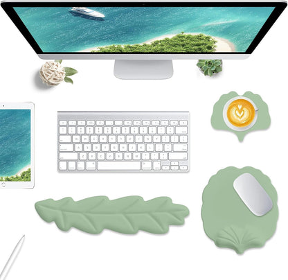 Keyboard Wrist Rest and Mouse Pad with Wrist Support Set, Ergonomic Leaf Shape Mouse Pad with Non-Slip Base, Pain Relief Memory Foam Mousepad for Computer,Laptop,Home Office, Green