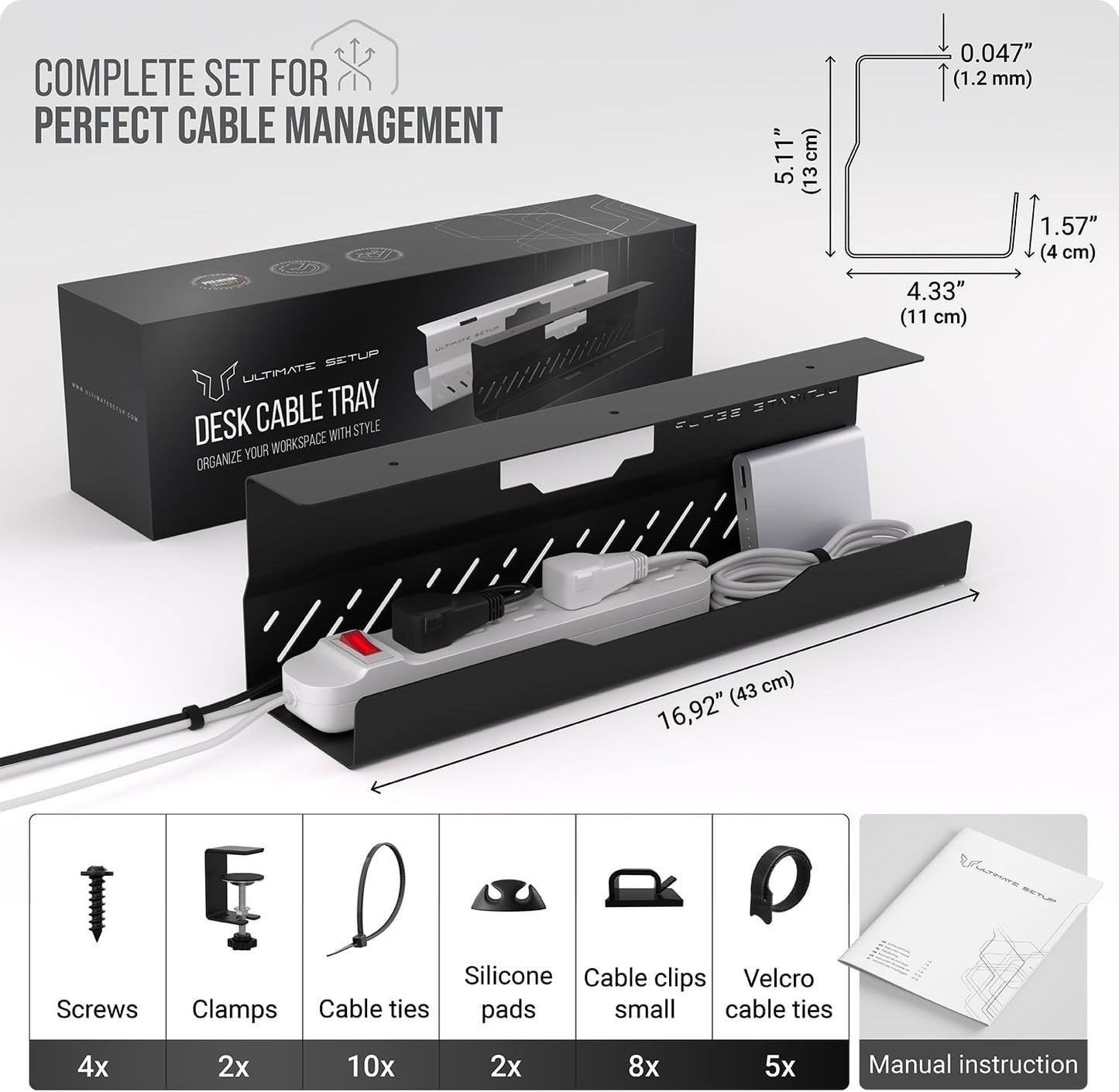 Under Desk Cable Management Tray no Drill – Wire Management - Cord Organizer – Huge Load Capacity – Under Desk Cable Tray no Drill (Black, 2 Pieces Set)