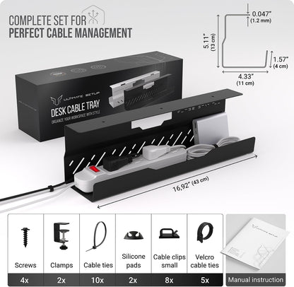 Under Desk Cable Management Tray no Drill – Wire Management - Cord Organizer – Huge Load Capacity – Under Desk Cable Tray no Drill (Black, 2 Pieces Set)