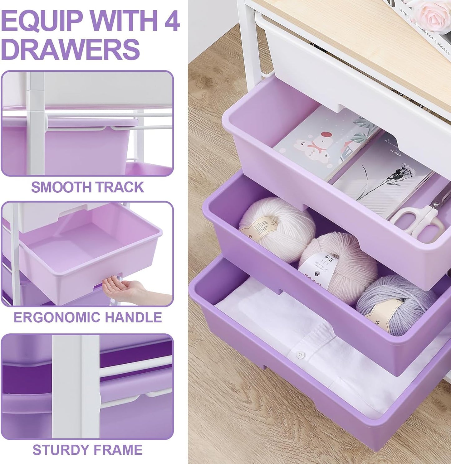 SYKIARIOL Utility Cart with 4 Drawers, Multipurpose Rolling Storage Cart with 4 Drawers and 2 Lockable Wheels, 4-Tier Rolling Storage Cart Organizer for Home Office Dorm, Bright White