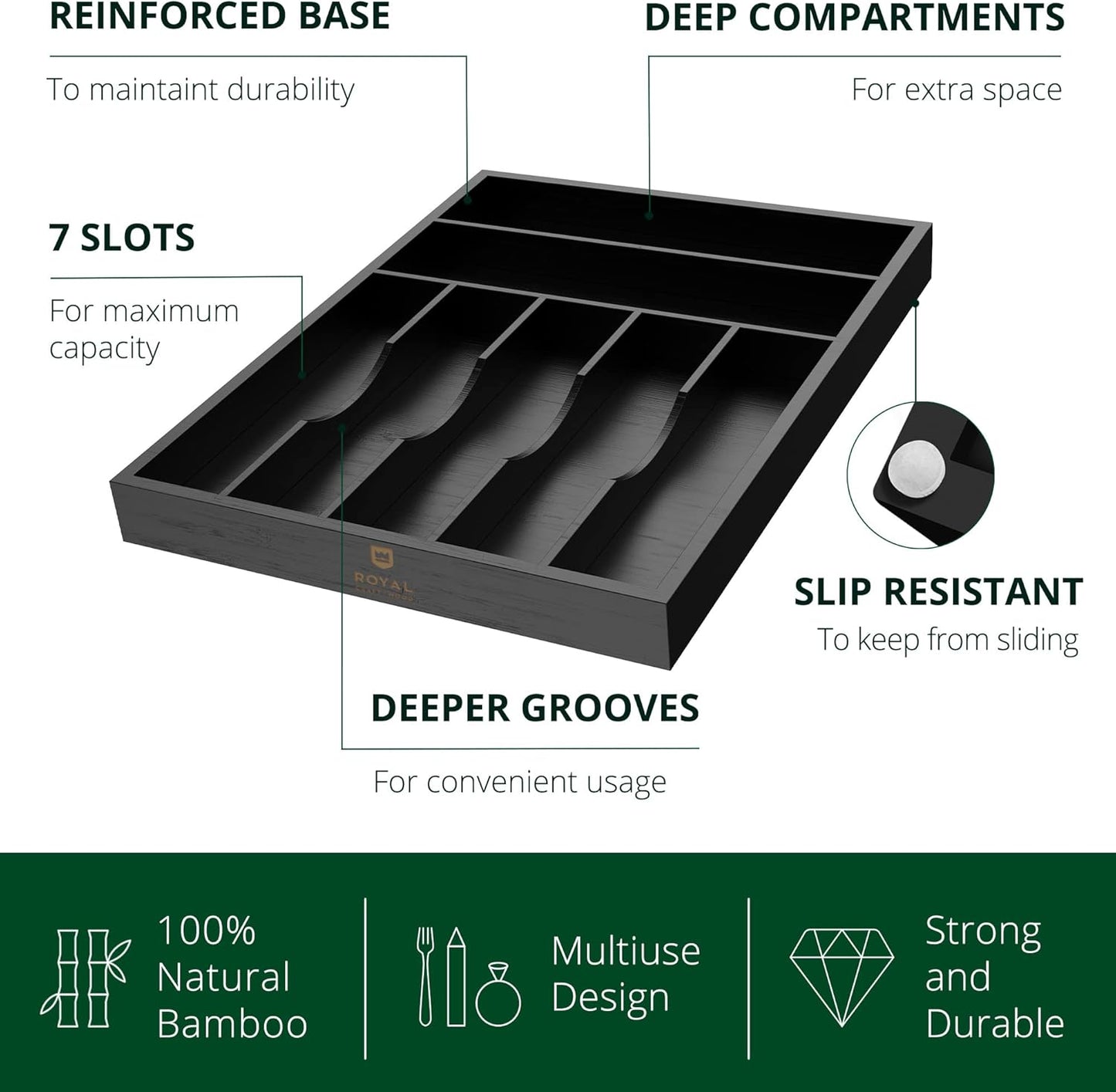 ROYAL CRAFT WOOD Luxury Bamboo Kitchen Drawer Organizer - Silverware Organizer, Utensil Holder & Cutlery Tray Drawer Dividers for Flatware (9 Slot, Natural)
