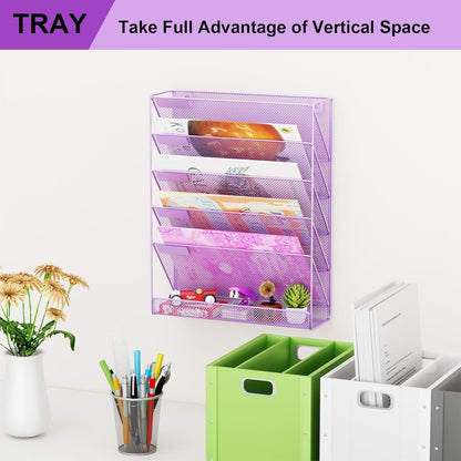 Wall File Organizer Holder Mesh Hanging Paper Document Holder,Vertical 6 Pocket Tier for Office Home, Black