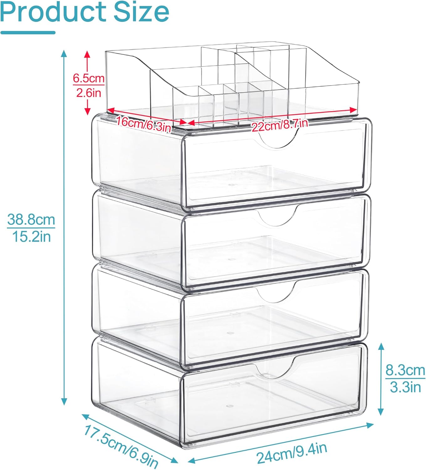 Vtopmart 3 Tier Clear Makeup Organizer with Drawer, Cosmetic Storage for Dresser Countertop and Bathroom Vanity, Beauty Holder for Lipstick Brush Skincare