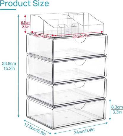 Vtopmart 3 Tier Clear Makeup Organizer with Drawer, Cosmetic Storage for Dresser Countertop and Bathroom Vanity, Beauty Holder for Lipstick Brush Skincare