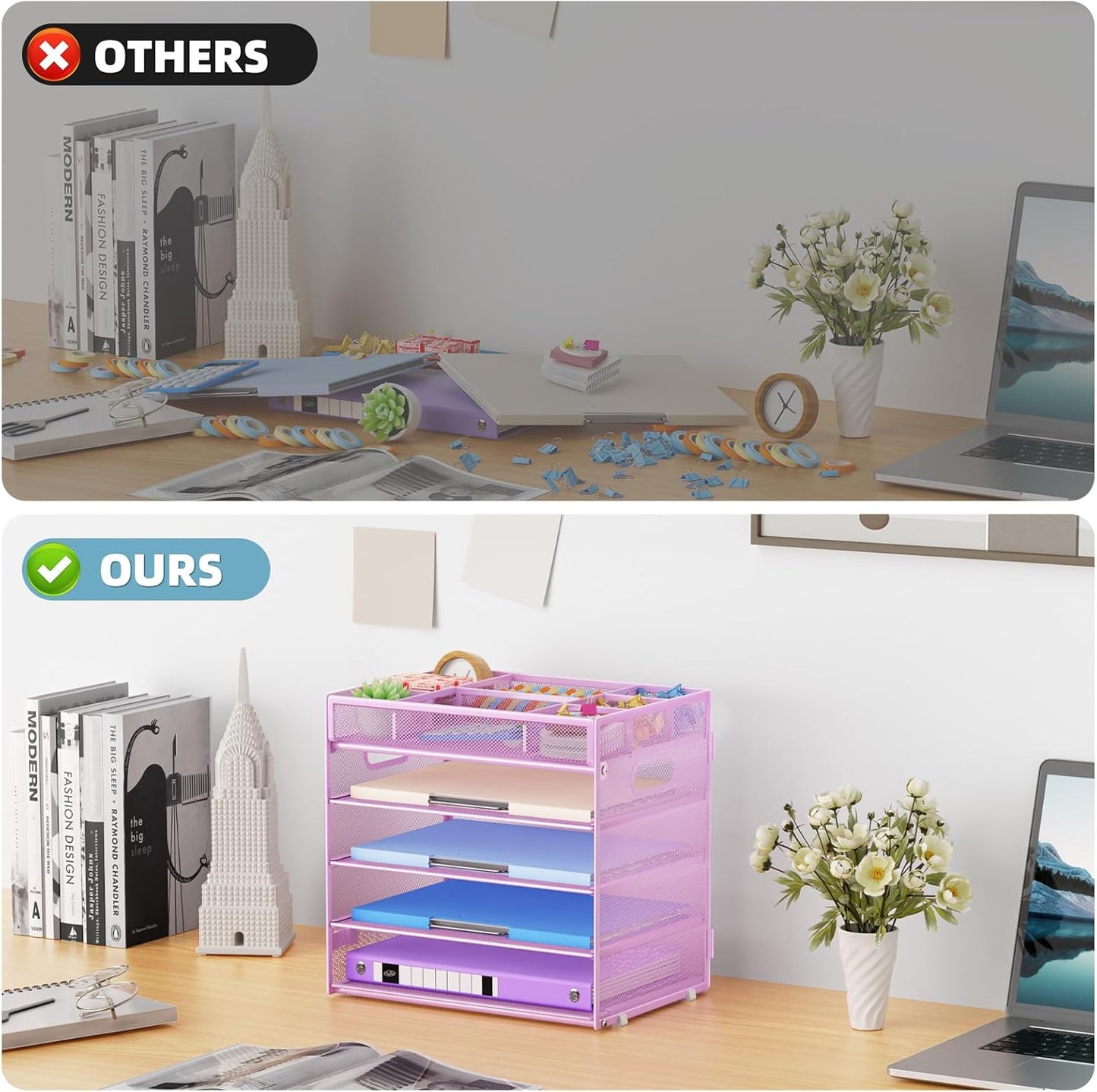 Marbrasse 5-Tier Letter Tray Paper Organizer with Handle, Multi-Functional Mesh File Organizer for Desk, Adjustable Compartments Mesh Desktop Storage for Office Supplies,Black