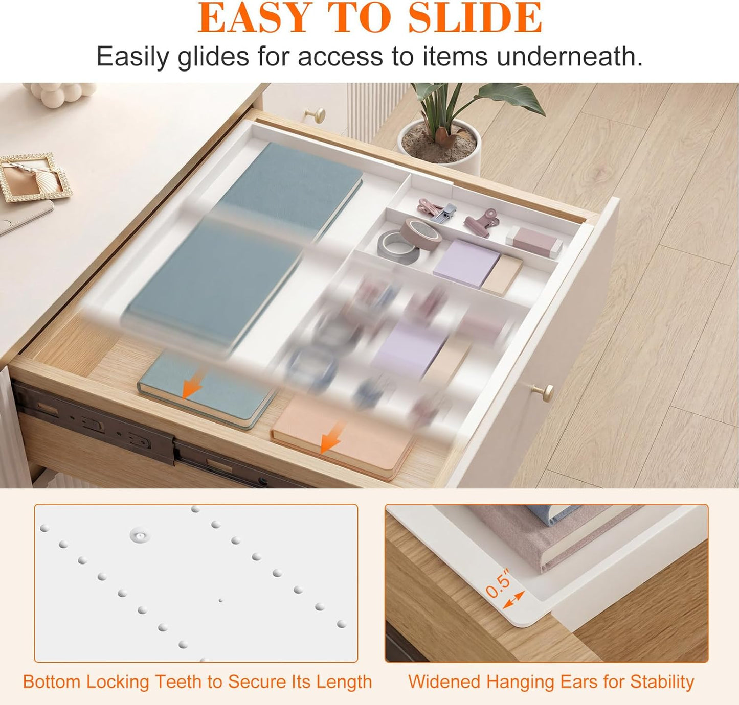 Briwooody Expandable Drawer Tray with Adjustable Dividers, 12.6-19.96 Inch Hanging Sliding Desk Organizer, 1.18'' Deep White Office Storage for Pens Paper Clips Sticky Notes Tape, Desk Accessories