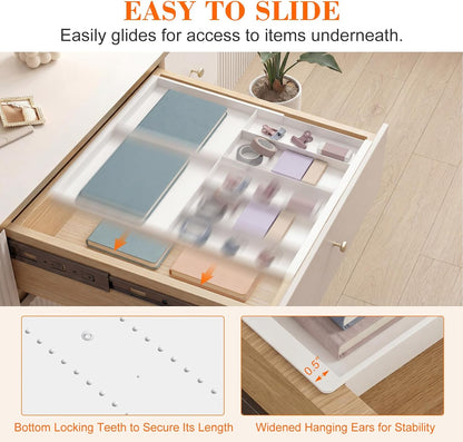 Briwooody Expandable Drawer Tray with Adjustable Dividers, 12.6-19.96 Inch Hanging Sliding Desk Organizer, 1.18'' Deep White Office Storage for Pens Paper Clips Sticky Notes Tape, Desk Accessories