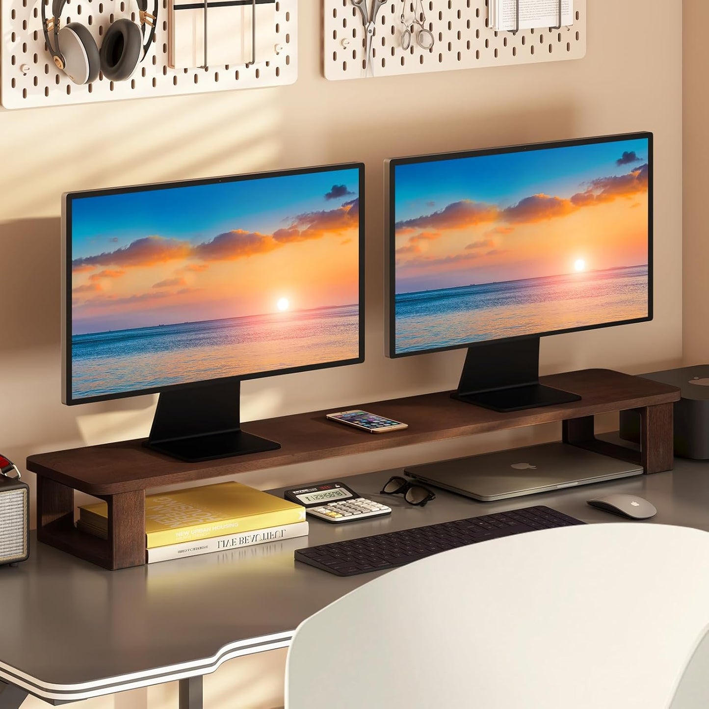Ufine Dual Monitor Stand Riser 2 Heights Adjustable Wood Computer Monitor Stand Desktop Organizer, Large Monitor Stand for 2 Monitors, Laptop, TV, Printer