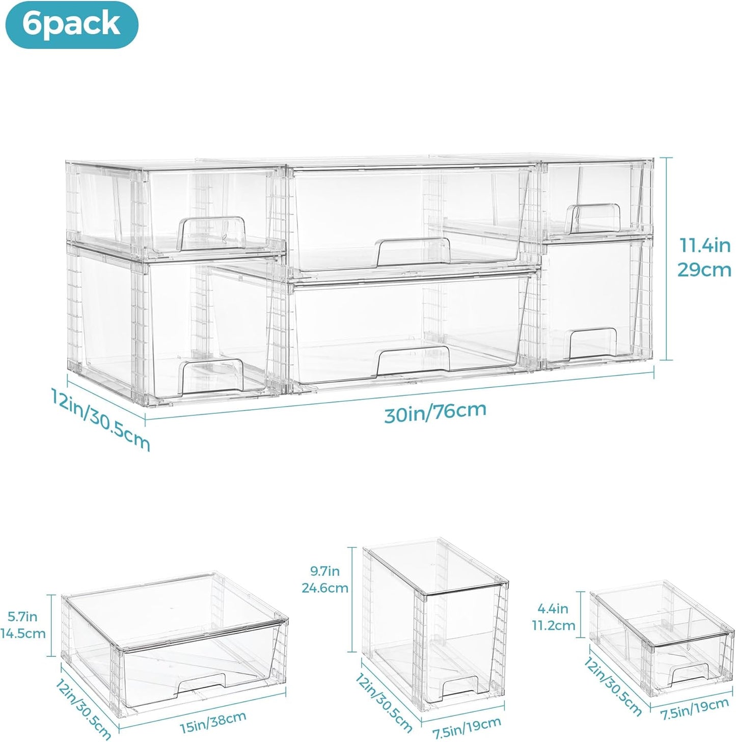 Vtopmart 4 Pack Clear Stackable Storage Drawers,Under Sink and Kitchen Organizers Storage,Easy to Assemble Plastic Drawers for Baby Bottle,Medicine, Bathroom,Cabinet and Pantry Organization