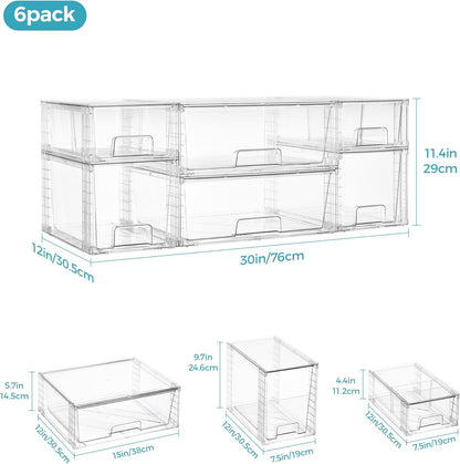 Vtopmart 4 Pack Clear Stackable Storage Drawers,Under Sink and Kitchen Organizers Storage,Easy to Assemble Plastic Drawers for Baby Bottle,Medicine, Bathroom,Cabinet and Pantry Organization