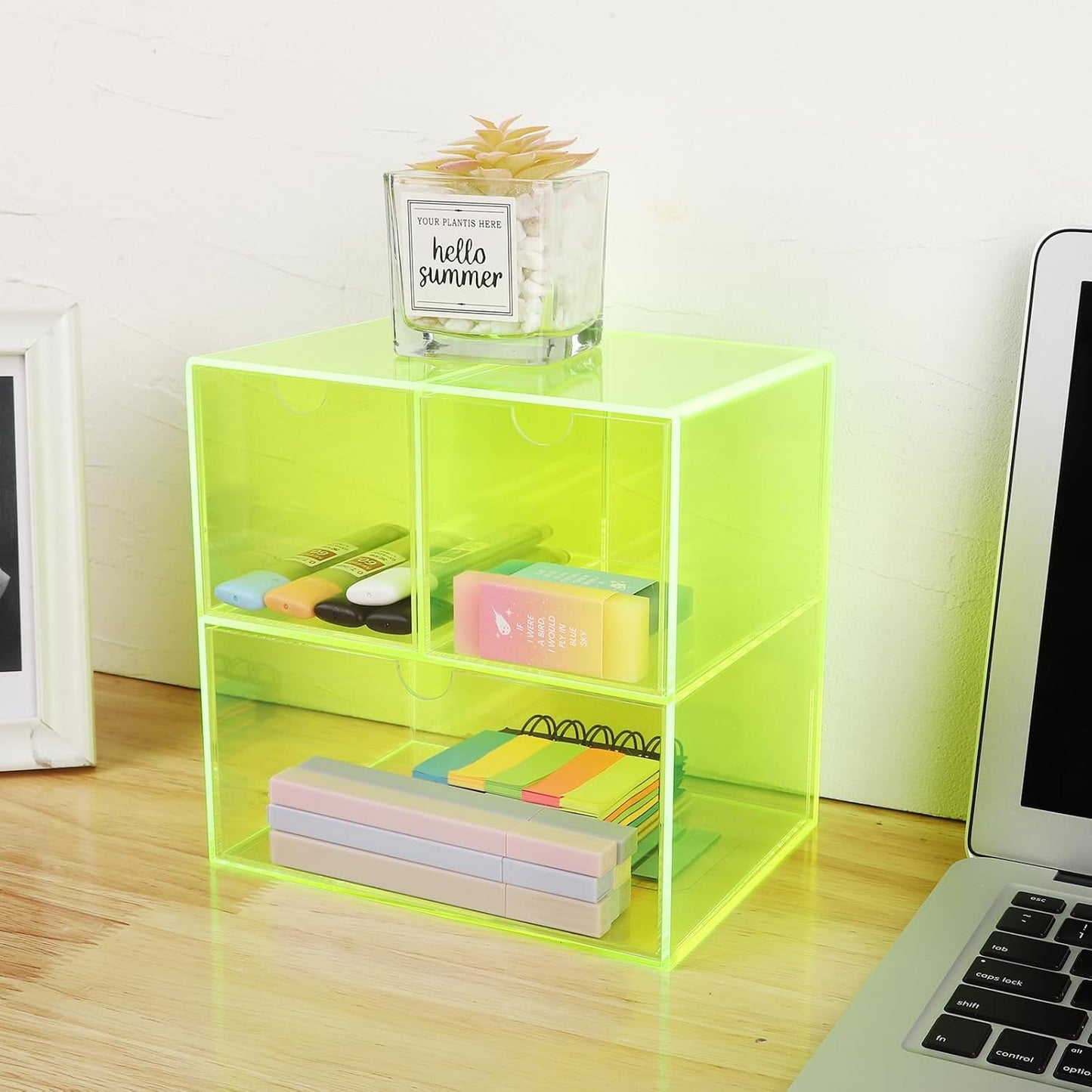 Gelite Desk Organizer with 3 Storage Drawers for Makeup Office Acrylic Desktop Drawer Organizer for Vanity Office Organization and Storage Box, Neon Pink