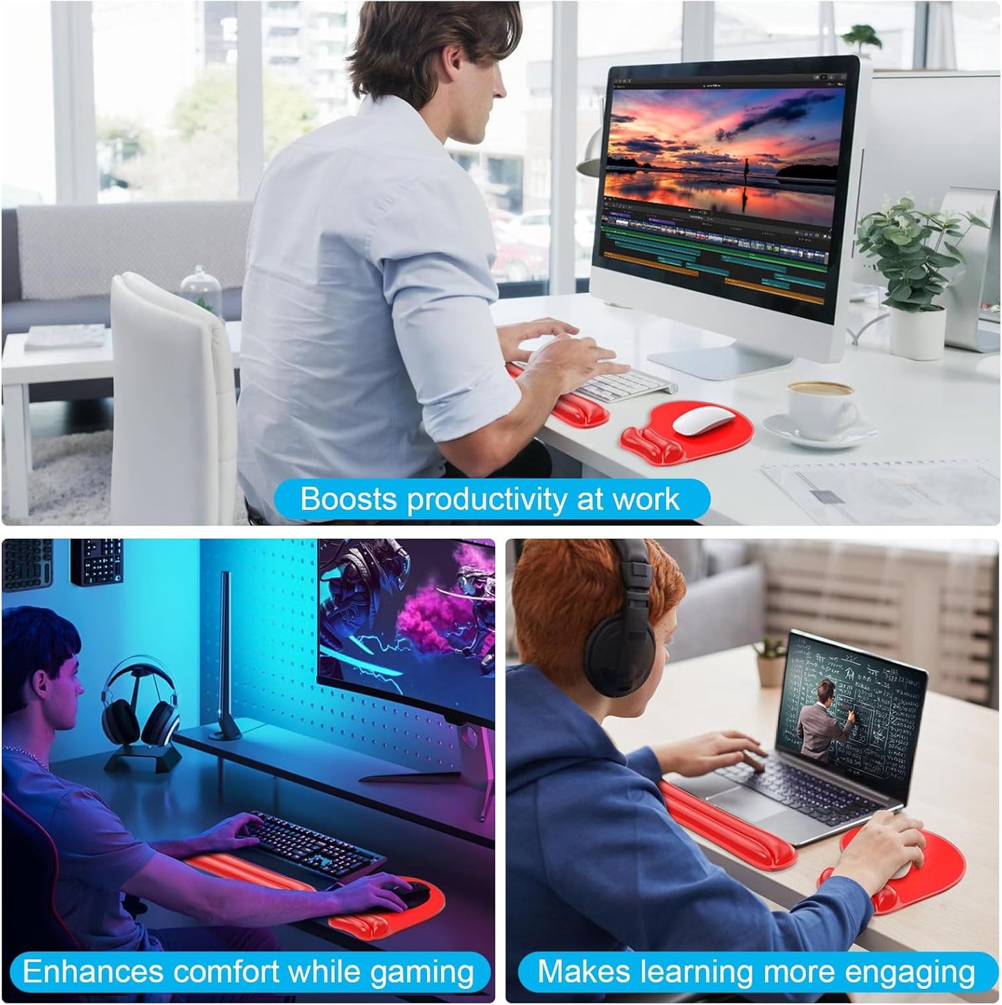 Gel Mouse pad & Keyboard Wrist Rest Set, Ergonomic Keyboard and Mousepad with Wrist Support, Keyboards Wrist Rest, Computer Keyboards Pad, Cooling Gel Blue