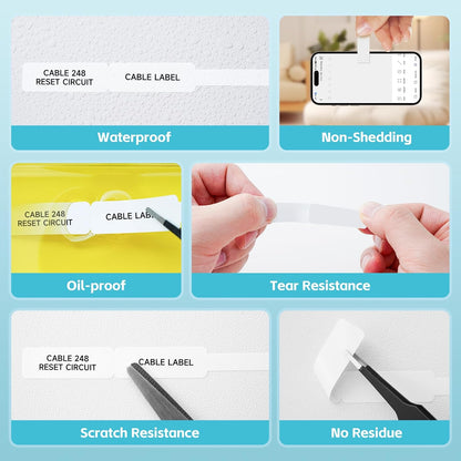 Thermal Cable Labels DETONGER 1/2 Width Compatible Tape Refills Label Stickers Film Coatedfor Label Maker Tapes Home Office School Business Use Sticky Liquid-Proof 0.5" x 4.3"-65 Labels White Cable
