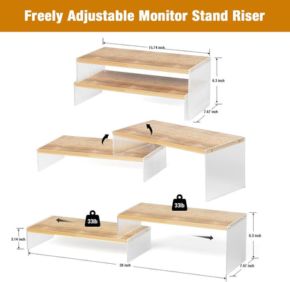 YGYQZ Adjustable Monitor Stand Riser with Acrylic Legs丨7.67" Wide Dual Monitor Stand for Desk丨2-Tier Wood Desktop Organizer for Computer, Laptop, Printer & PC丨Modern Aesthetic Desk Shelf(wood-flat)