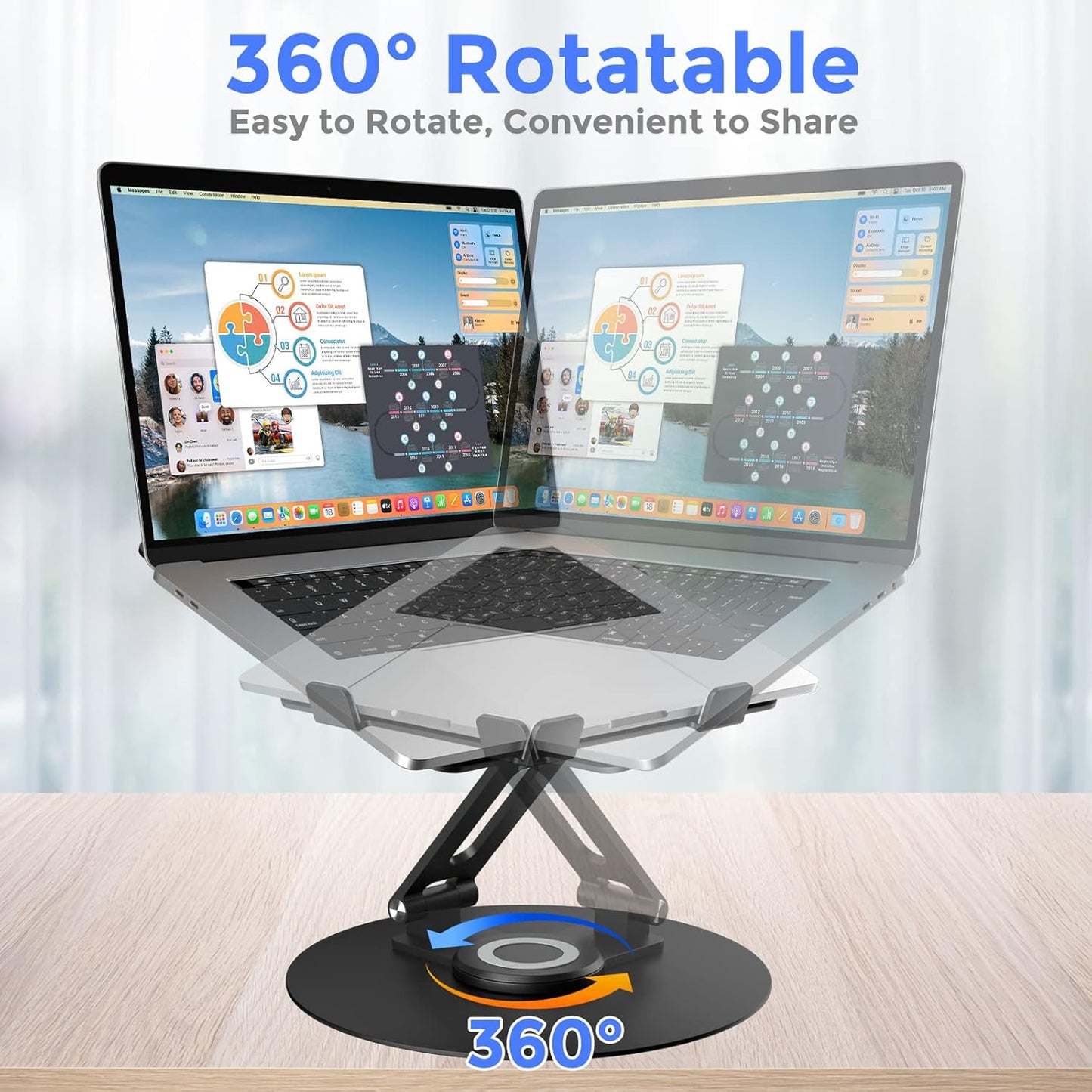 Swivel Laptop Stand for Desk, Adjustable Height Aluminum Computer Stand with 360 Rotating Base, Foldable Ergonomic Riser, Portable Laptop Holder Compatible with MacBook, All Laptops 10-17'', Grey